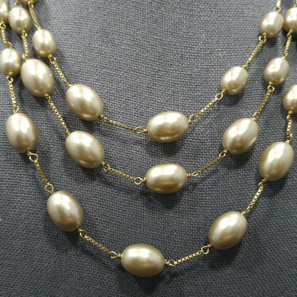 Vintage Monet Taupe Faux Pearl Necklace, Three Strands, Beads W/ Box Chain, 18" - Picture 2 of 9